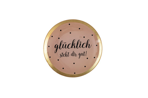 Love Plate GLÜCKLICH STEHT..., Glasteller M, rund, rosa – GIFTCOMPANY