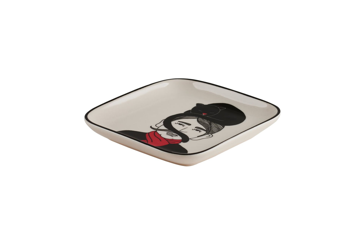 Love Plate MANN MIT KATZE, Porzellanteller, quadratisch, weiß