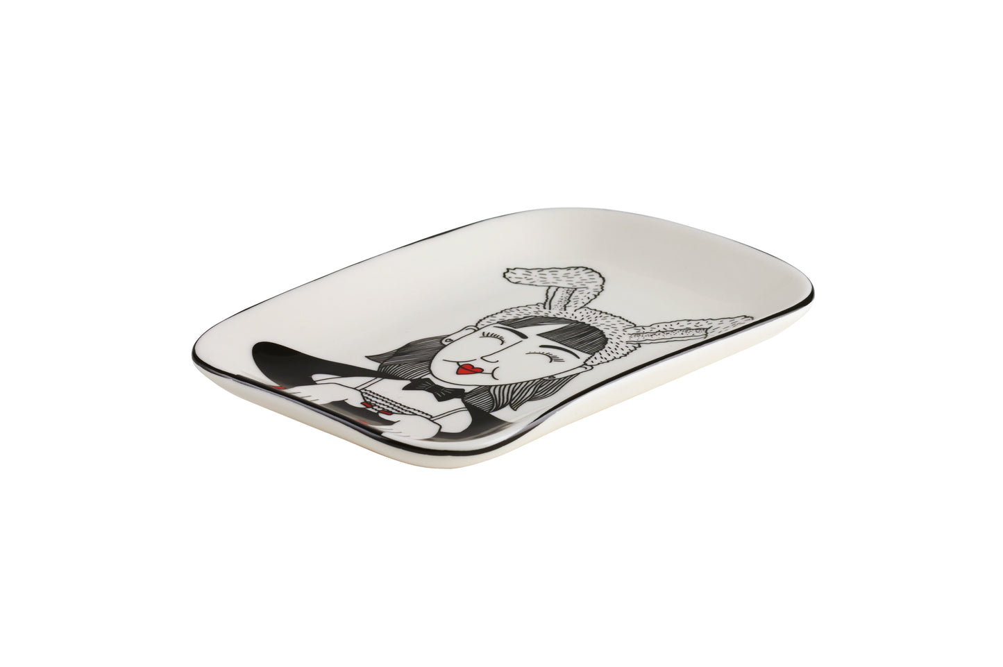 Love Plate FRAU MIT HASENOHREN, Porzellanteller, rechteckig, weiß