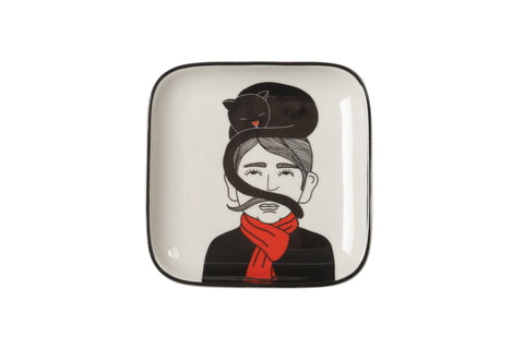 Love Plate MANN MIT KATZE, Porzellanteller, quadratisch, weiß – GIFTCOMPANY
